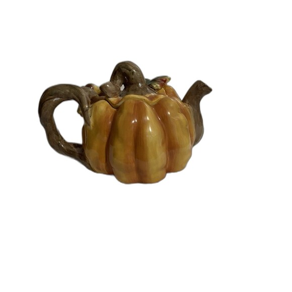 Orange Green Deco Decorative Ceramic Pumpkin Fall Halloween Thanksgiving Tea Pot - Picture 2 of 4